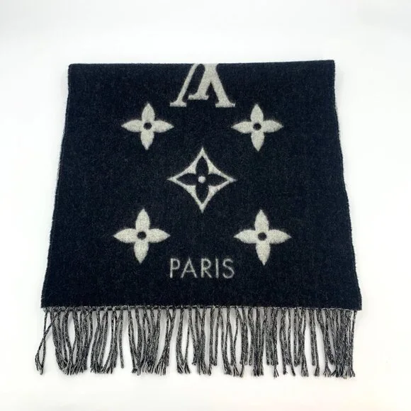 Louis Vuitton Black Monogram Logo Full-Print Cashmere Fringe Scarf